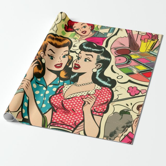 Retro Cute Girly Comics Wrapping Paper (Unrolled)