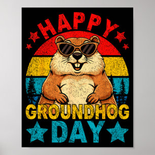 Retro cute groundhog happy groundhog day animal poster