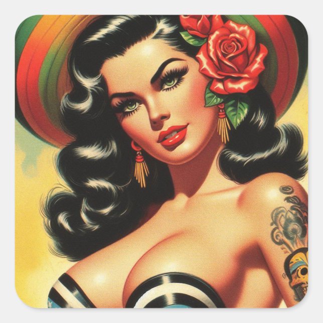 Retro Cute Hot Pinup Square Sticker (Front)