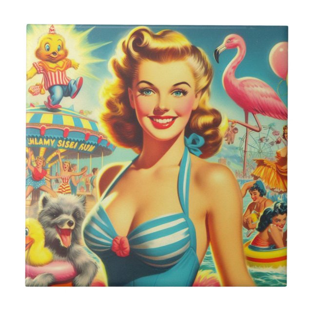 Retro Cute Kitsch Girl Ceramic Tile (Front)