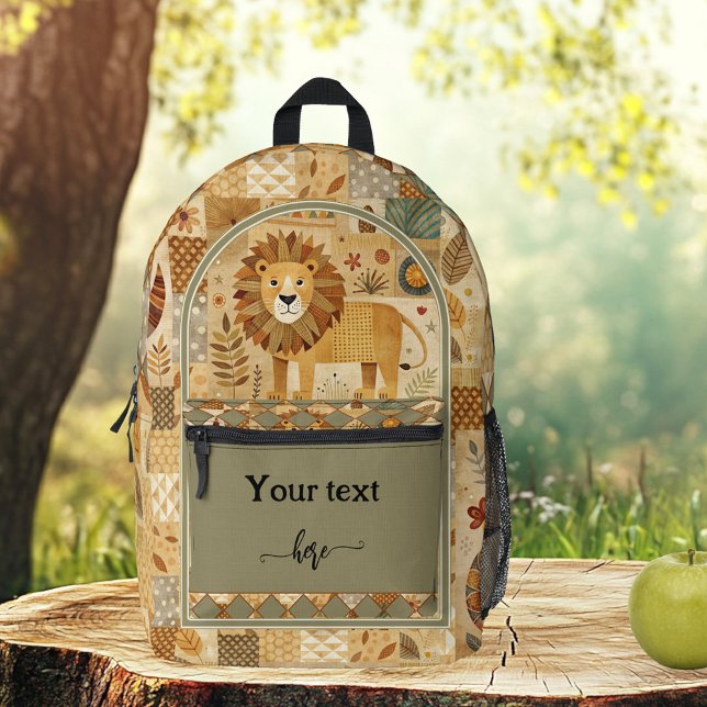 Retro Cute Lion Safari Art Pattern Printed Backpack (Retro backpack featuring an art pattern with a cute lion and leaves - great for cat lovers)