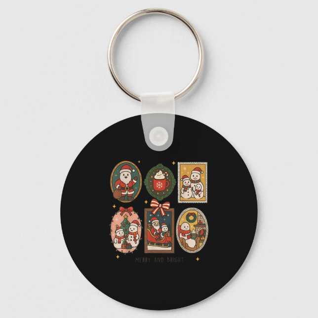 Retro Cute Merry And Bright Christmas Frame Funny  Key Ring (Front)