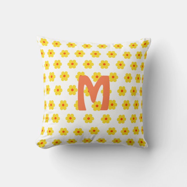 Retro cute mid century modern yellow floral  cushion (Front)
