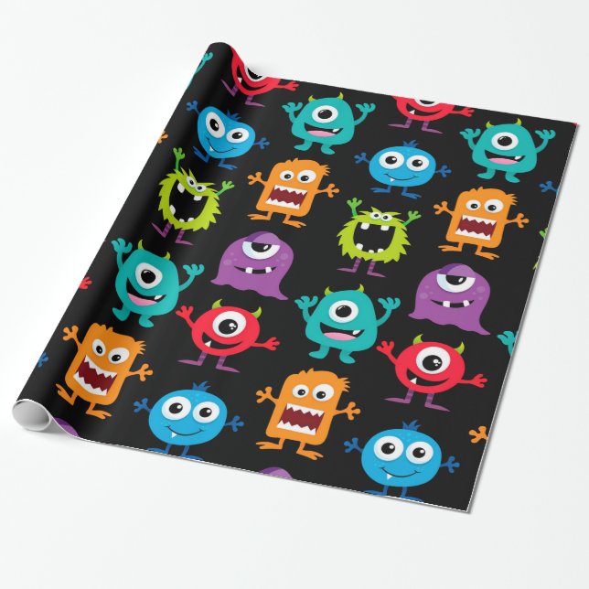 Retro Cute Monster Pattern Wrapping Paper (Unrolled)
