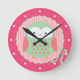 Retro Cute Owl Pink & Green Girly Round Clock