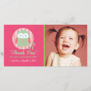 Retro Cute Owl Pink & Green Girly Thank You Card