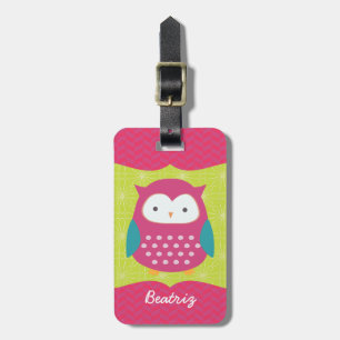 Retro Cute Owl Purple & Green Girly Personalised Luggage Tag
