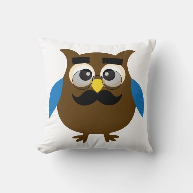 Retro Cute Owl with Moustache and Glasses Cushion (Front)