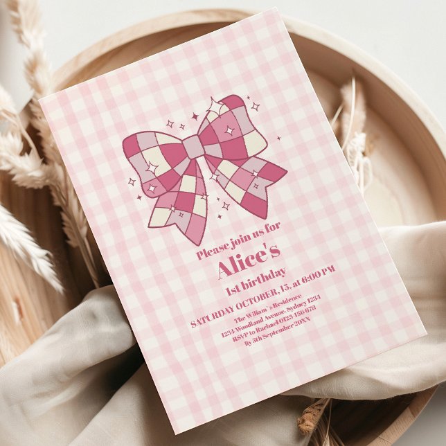 Retro Cute Pink Bow Coquette 1st Birthday Invitation (Creator Uploaded)