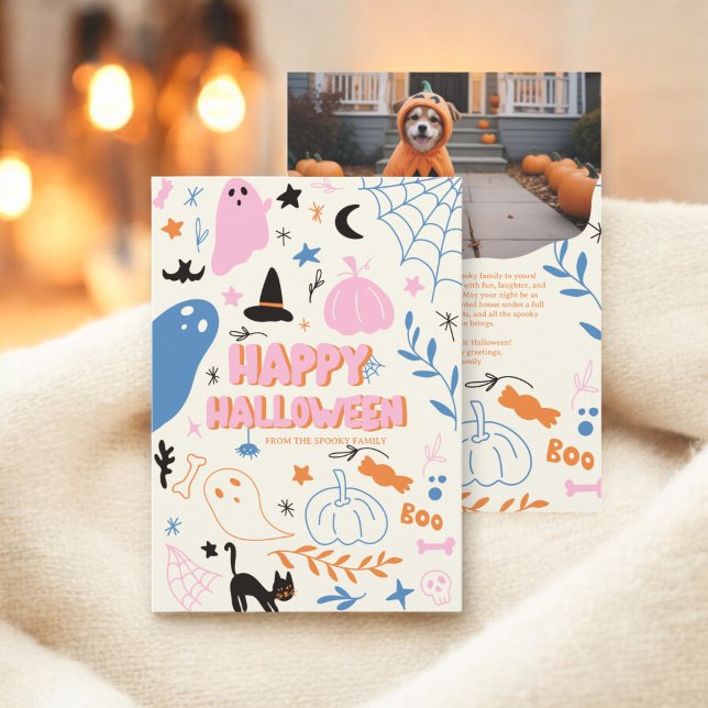 Retro Cute Pink Orange Pastel Halloween Photo Holiday Card (Retro Cute Pink Orange Pastel Halloween Photo Holiday Card)