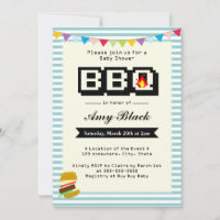 Retro Cute Pixel Baby Shower BBQ Party Invitations
