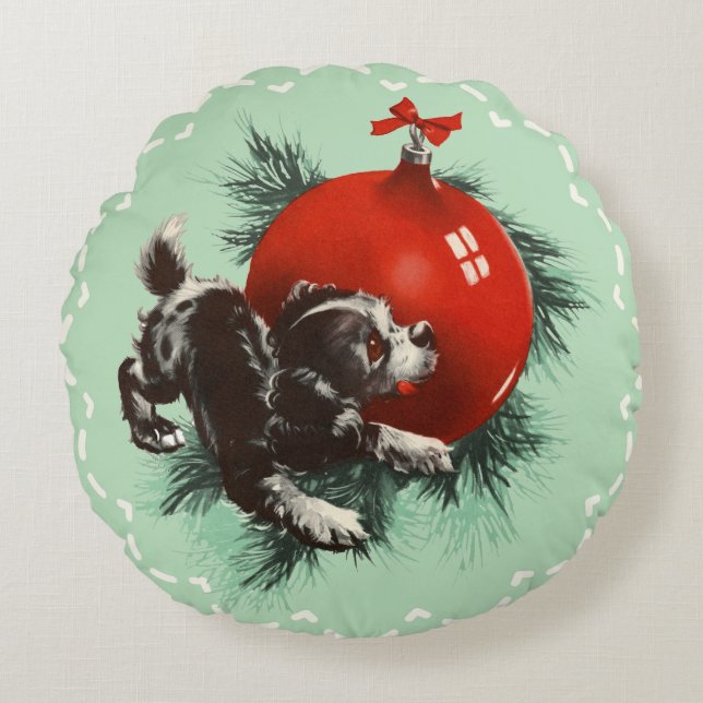 Retro Cute Puppy Red Ornament Christmas Round Cushion (Front)