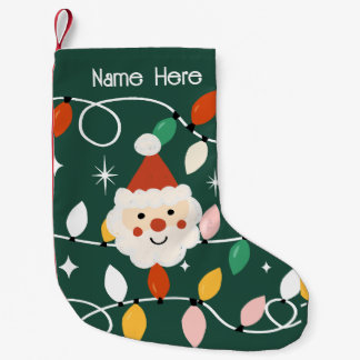Retro Cute Santa with Fairy Lights Green Small Christmas Stocking
