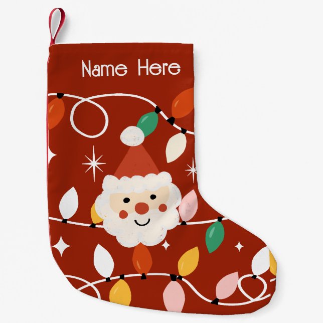 Retro Cute Santa with Fairy Lights Red Small Christmas Stocking (Front)