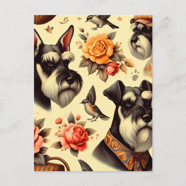 Retro Cute Schnauzer Illustration Postcard (Front)