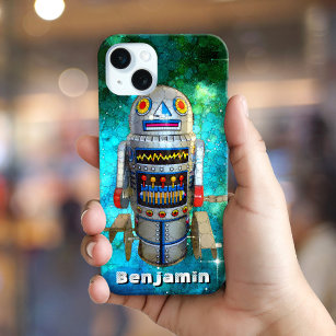 Retro cute sci fi tin toy robot custom name iPhone 15 mini case