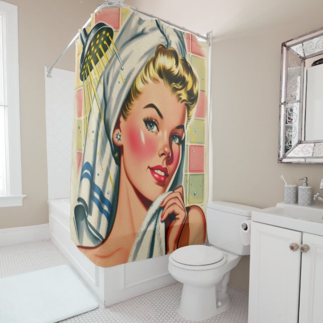 Retro Cute Shower Girl Illustration Curtain (In Situ)