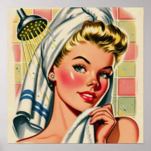Retro Cute Shower Girl Illustration Poster