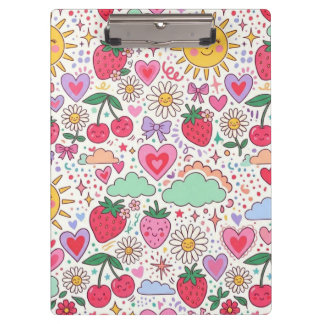 Retro Cute Strawberry, Sunshine, and Hearts Happy  Clipboard