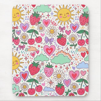 Retro Cute Strawberry, Sunshine, and Hearts Happy  Mouse Pad