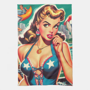 Retro Cute Summer Girl Tea Towel