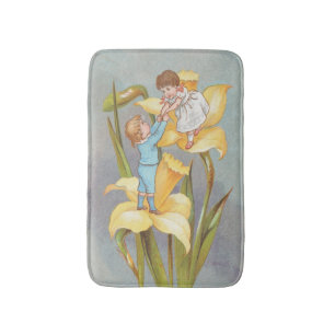 Retro Cute Sweet Valentine, children and daffodils Bath Mat