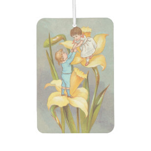 Retro Cute Sweet Valentine, children and daffodils Car Air Freshener
