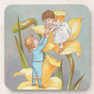 Retro Cute Sweet Valentine, children and daffodils Coaster