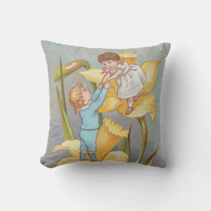 Retro Cute Sweet Valentine, children and daffodils Cushion