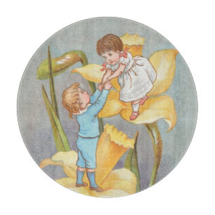 Retro Cute Sweet Valentine, children and daffodils Cutting Board