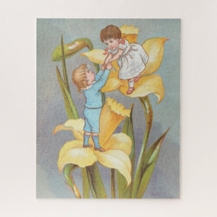 Retro Cute Sweet Valentine, children and daffodils Jigsaw Puzzle