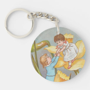 Retro Cute Sweet Valentine, children and daffodils Key Ring