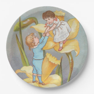 Retro Cute Sweet Valentine, children and daffodils Paper Plate