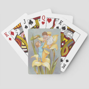 Retro Cute Sweet Valentine, children and daffodils Playing Cards