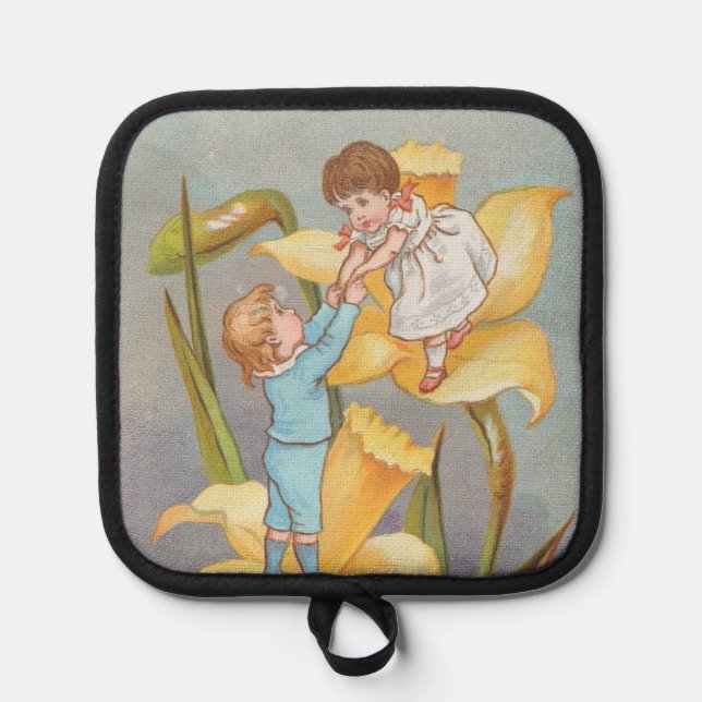 Retro Cute Sweet Valentine, children and daffodils Pot Holder (Front)
