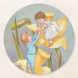 Retro Cute Sweet Valentine, children and daffodils Round Paper Coaster