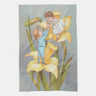 Retro Cute Sweet Valentine, children and daffodils Tea Towel