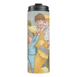 Retro Cute Sweet Valentine, children and daffodils Thermal Tumbler