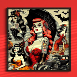 Retro Cute Tattooed Goth Girls Poster