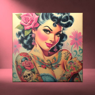 Retro Cute Tattooed Pin-up Ceramic Tile