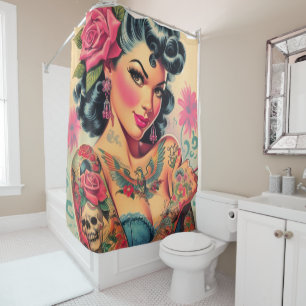 Retro Cute Tattooed Pin-up Shower Curtain