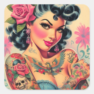 Retro Cute Tattooed Pin-up Square Sticker
