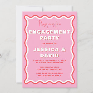 Retro Cute Wavy Pink Red Photo Engagement Party  Invitation
