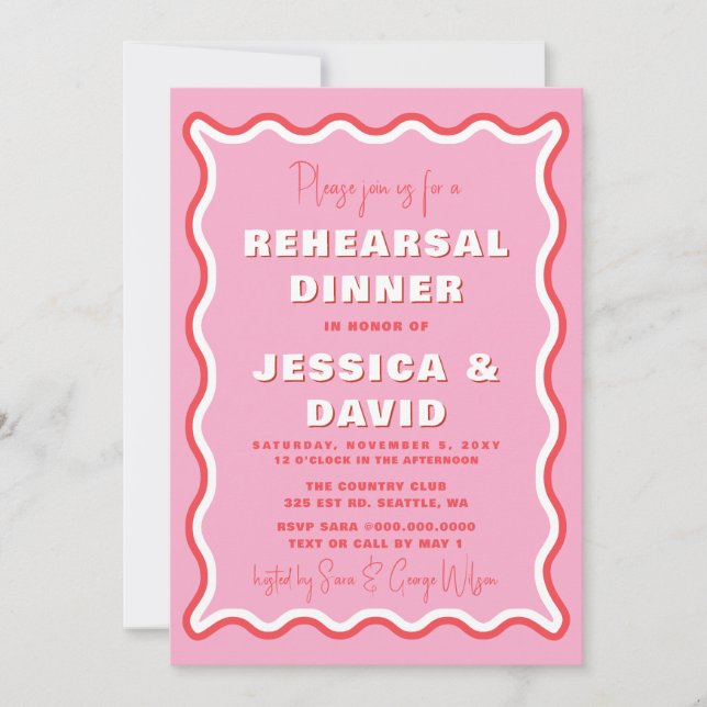 Retro Cute Wavy Pink Red Photo Rehearsal Dinner Invitation (Front)