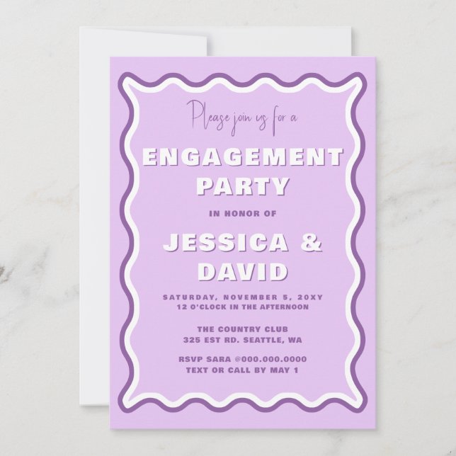 Retro Cute Wavy Purple Photo Engagement Party   Invitation (Front)