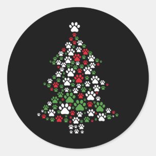 Retro Cute Xmas Dog Paw Print Christmas Tree Puppy Classic Round Sticker