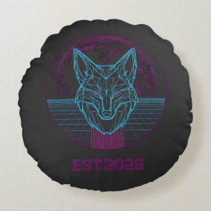 Retro Cyberpunk Geometric Fox Neon Art Graphic Round Cushion