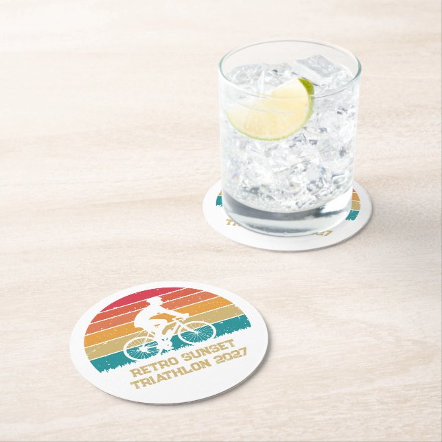 Retro Cycling Sunset Custom Triathlon Round Paper Coaster (Insitu)