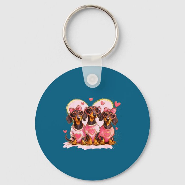 Retro Dachshund With Heart Sungles Valentine's Day Key Ring (Front)