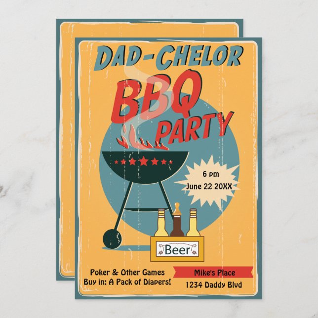 Retro Dad-Chelor BBQ Party Baby Shower Invitation (Front/Back)